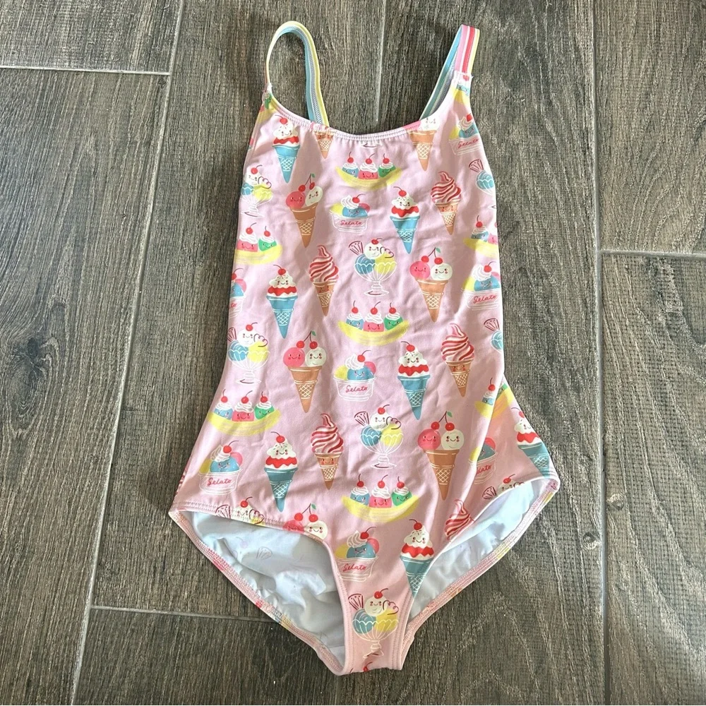 Mini Boden / Crisscross One-Piece Girls Swimsuit in Pink Tourmaline Ice Cream